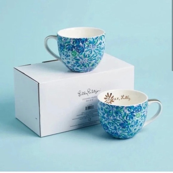 Lilly Pulitzer Ceramic Mugs Set of 2 Blue Floral Paisley Gold Handles 12oz NEW - Picture 16 of 16